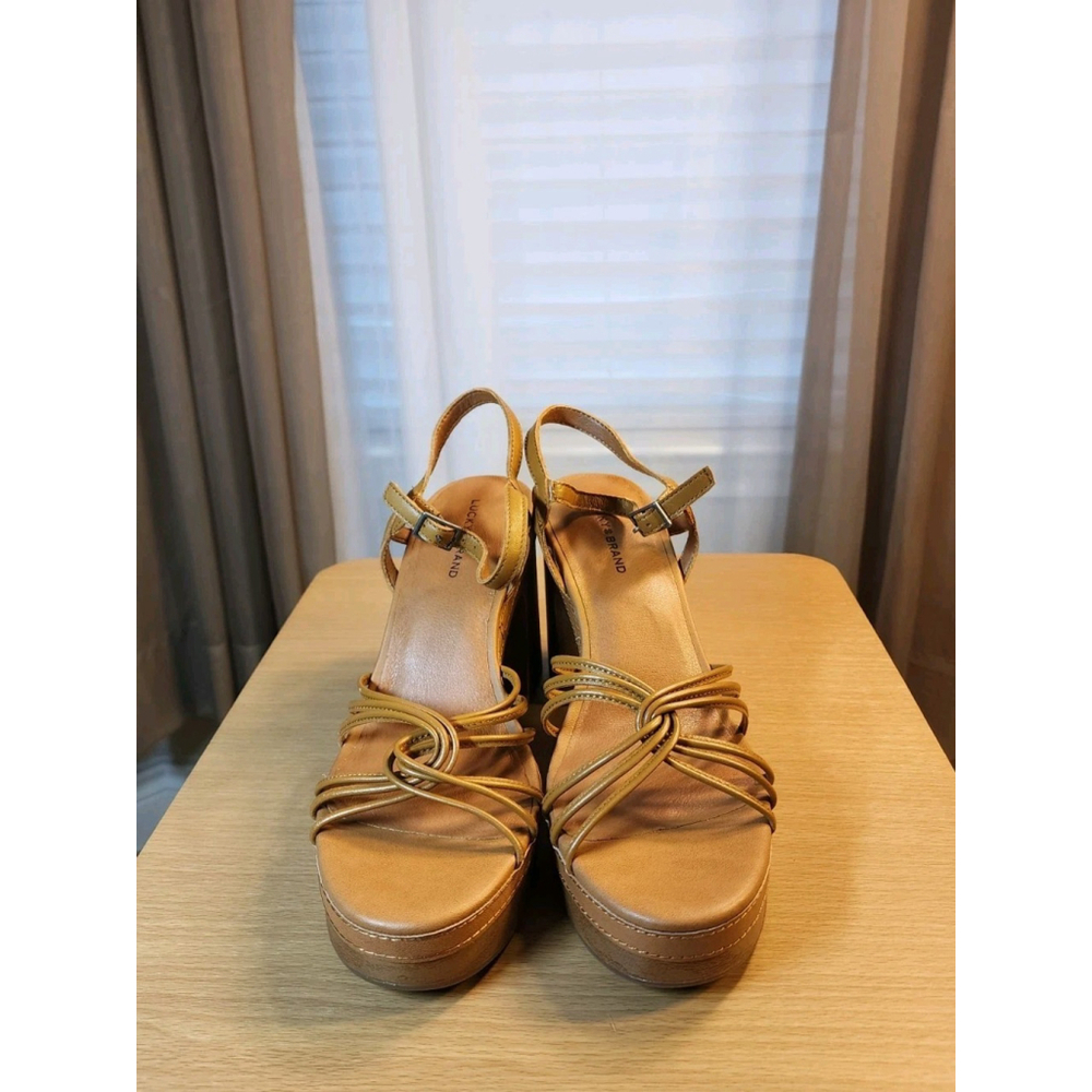 Lucky Brand Cognac Brown Retro Chic Classic Wooden Platform Sandals SZ 9.5 M - Picture 14 of 16